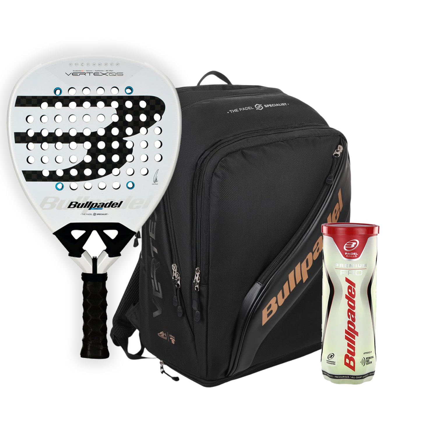 PACK VERTEX 05 26 + MOCHILA VERTEX + TUBO PELOTAS PREMIUM PRO BULLPADEL