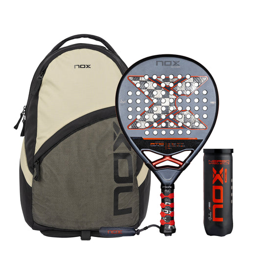 Paleta Padel NOX AT10 GENIUS 18 K + Mochila NOX + Tubo de Pelotas NOX Nerbo