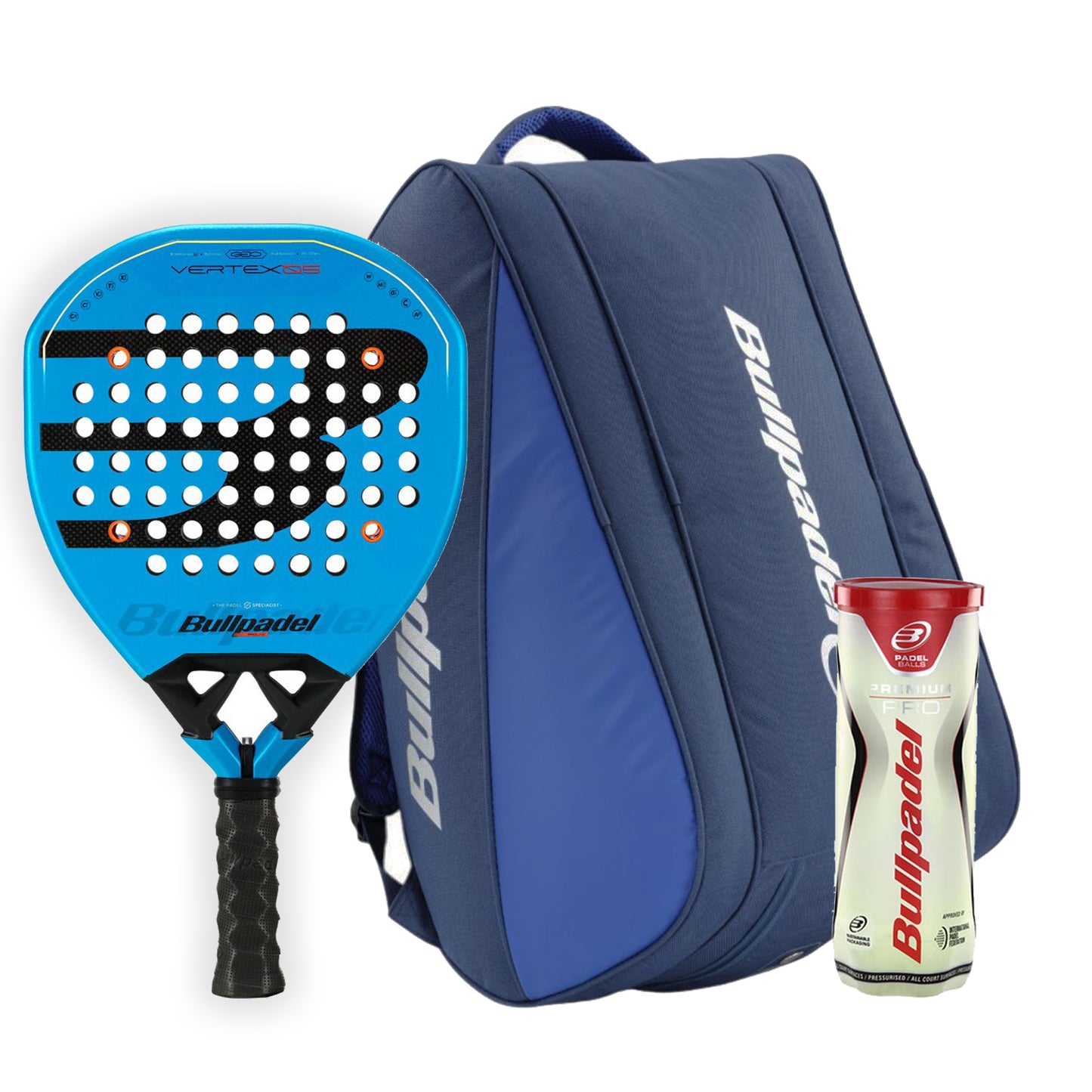 PCK VERTEX 05 GEO 26 + PALETERO PERFORMANCE + TUBO PELOTAS PREMIUN PRO BULLPADEL